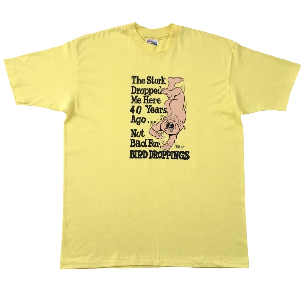 Vintage 80's Stork Dropped Me Here 40 Years Ago Bird Droppings Shirt XL